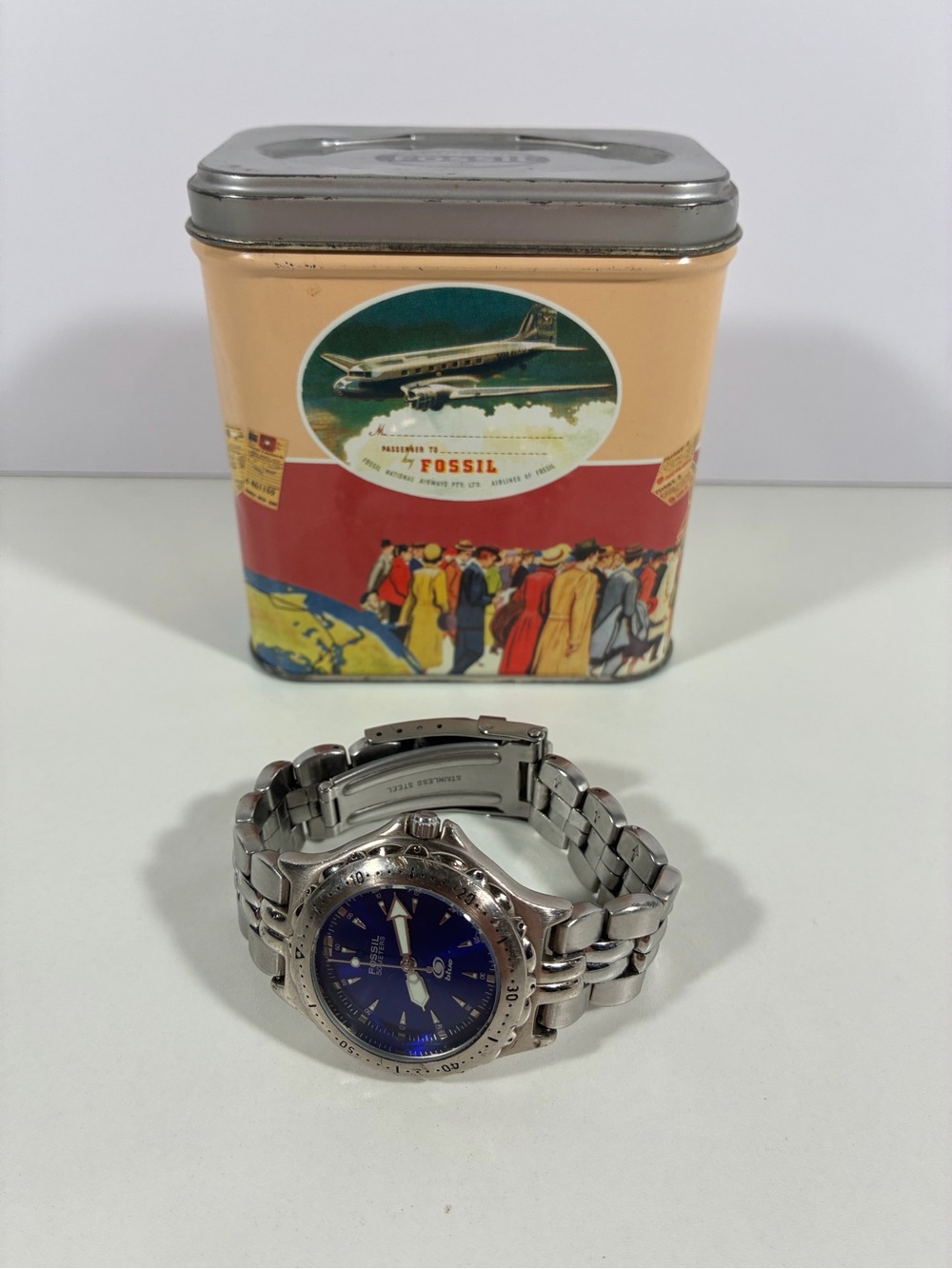 FOSSIL Blue AM-3175 Stainless Steel Quartz Analog Men's Watch Vintage Waterproof
